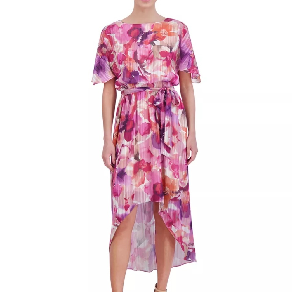 NWT Jessica Howard Floral Chiffon High-Low Midi Dress Wedding Guest Pink 8